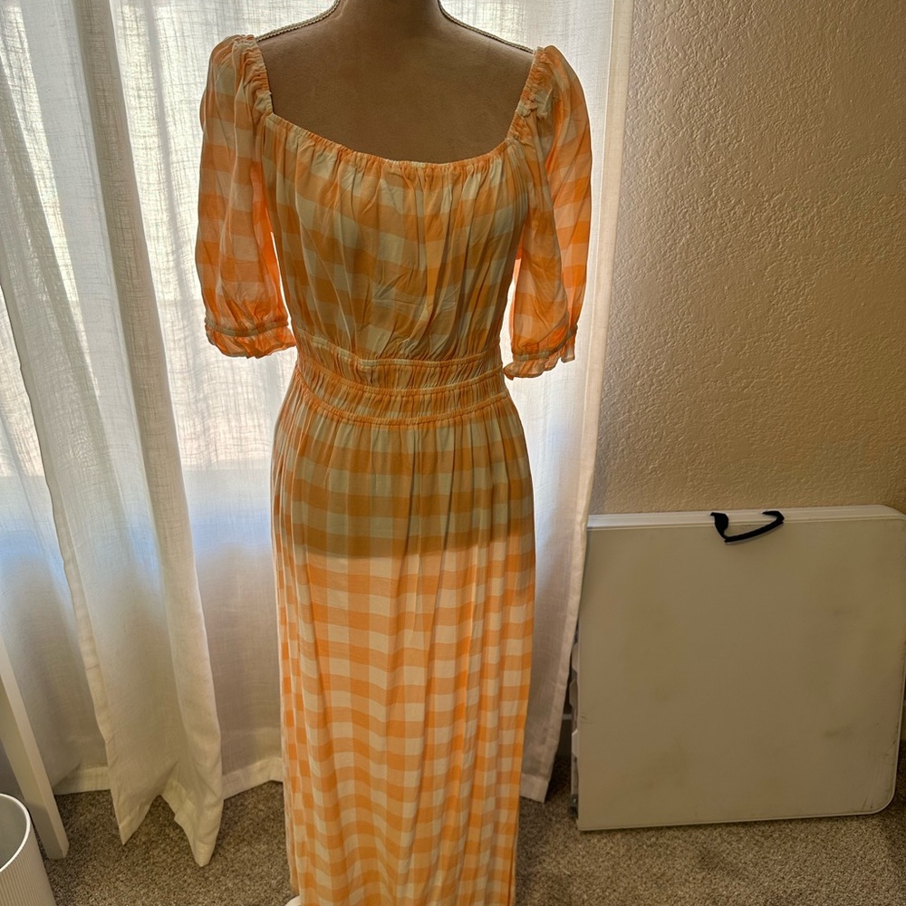 Orange Gingham Puff Sleeve Dress NWT
